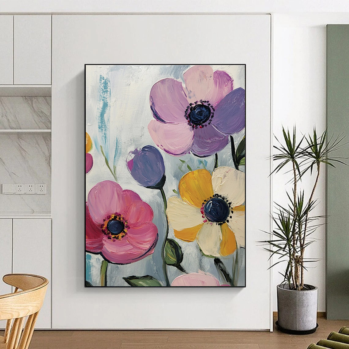 Large abstract painting features pink purple yellow flowers on a white background with blue-green and light gray brushstrokes in acrylic style.STSC999