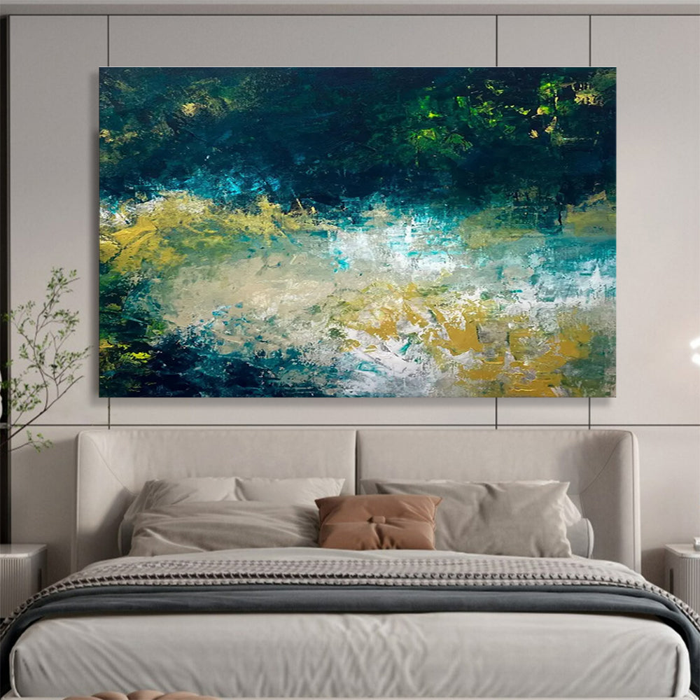 Teal Gold Abstract Painting with Dynamic Color Blends THY326