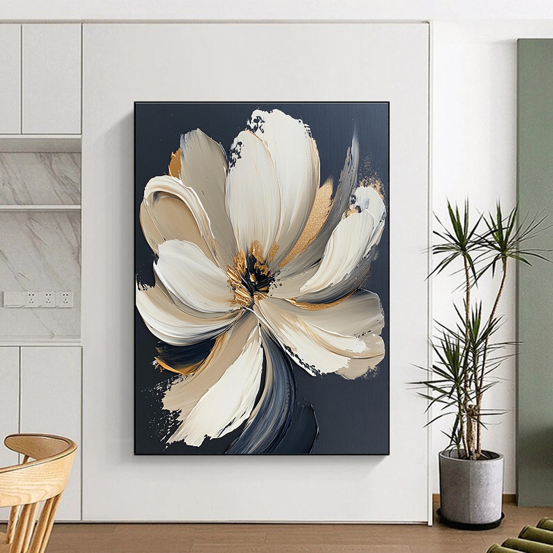 Large Abstract Painting Featuring A White Flower With Gold Accents Bold Brush Strokes And Neutral Colors Set Against A Black Background.STSC293