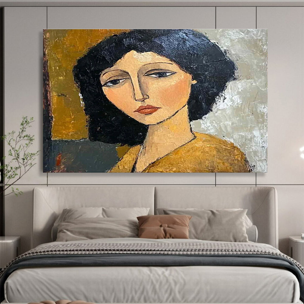 Stylized Portrait Abstract Painting with Simplified Forms and Earth Tones THY248