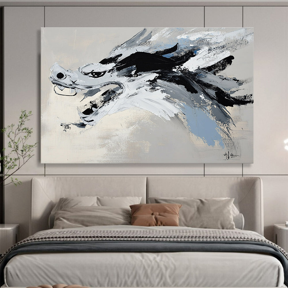 Abstract painting with black and white brushstrokes on light gray, featuring a close-up of a Chinese dragon head in Wu Guanzhong style.SC228