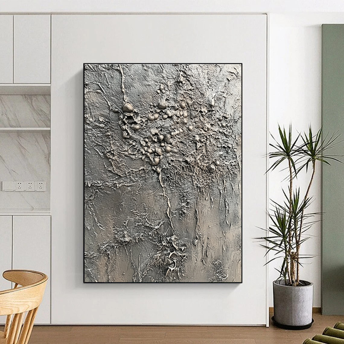 Gray Textured Abstract Painting with Organic Forms GER068