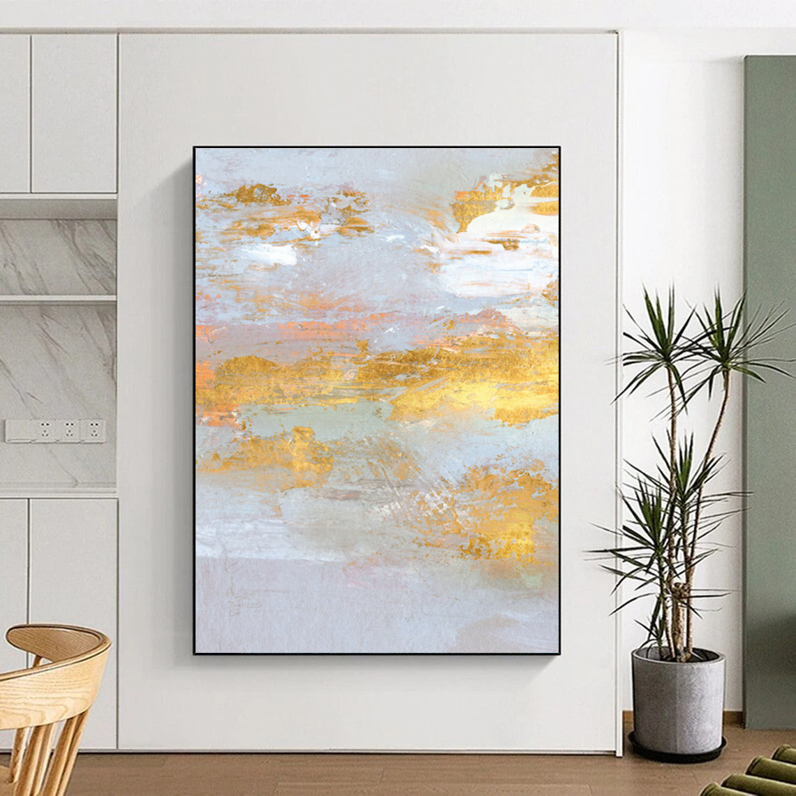 Gold and Pastel Abstract with Light Blue Background Painting ADGE159