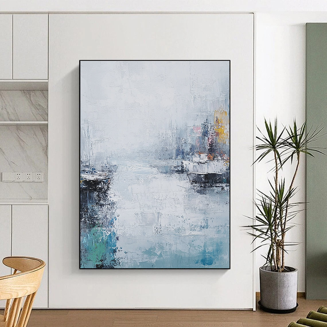 Large abstract painting of the sea featuring muted colors thick brush strokes and a vintage coastal cityscape under a foggy sky.STSC199
