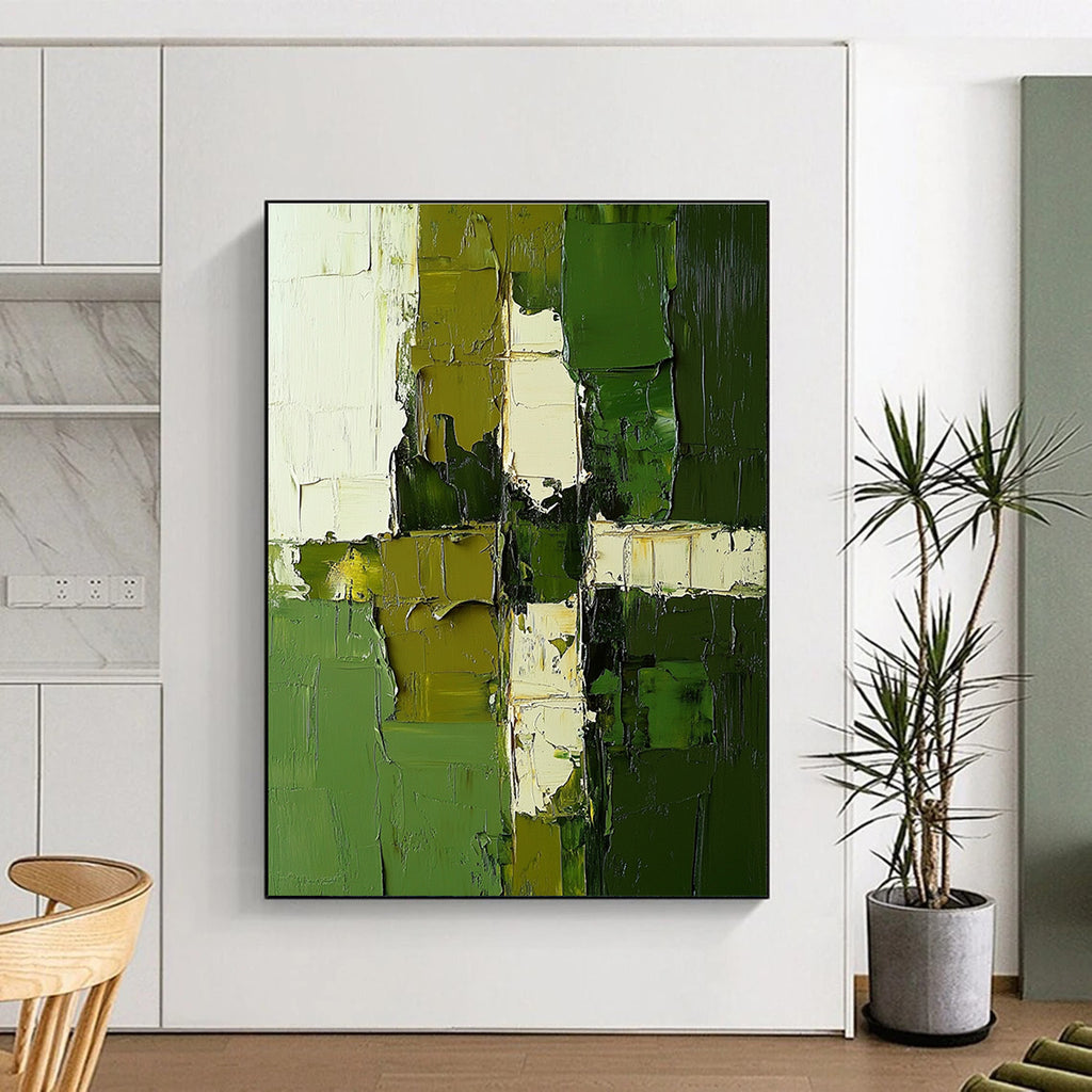 Green and White Abstract Painting with Patchwork Textures GER606