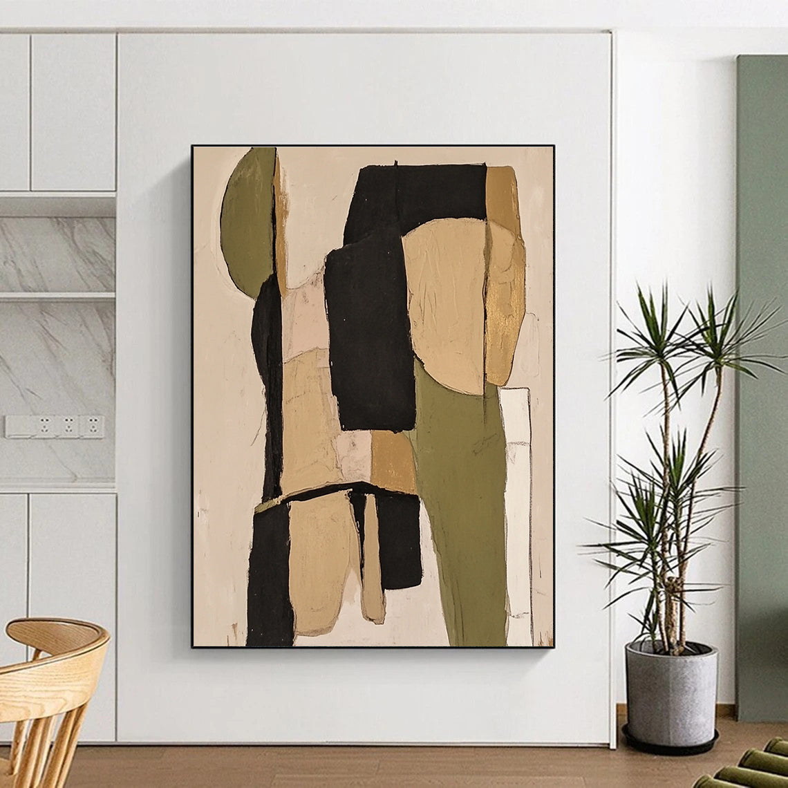 Large abstract painting featuring sage green and black tones with beige and neutral colors for a sophisticated artistic touch.STSC481