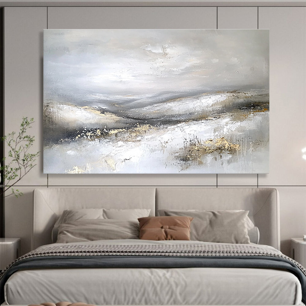 Gray and Gold Mountain Abstract Painting with Textured Peaks DYP243