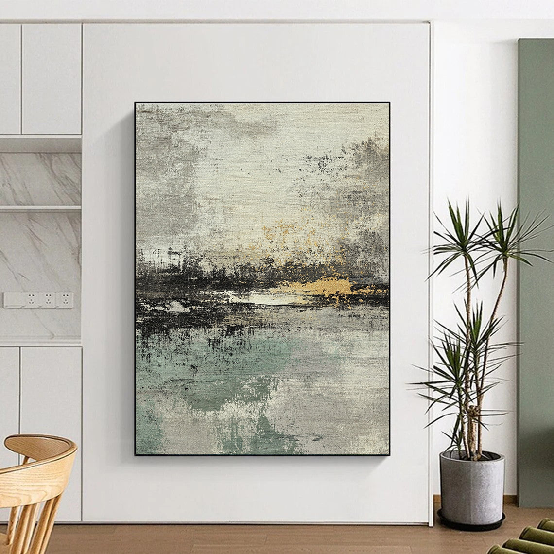 Gray Green and Gold Abstract Painting with Layered Textures GER034