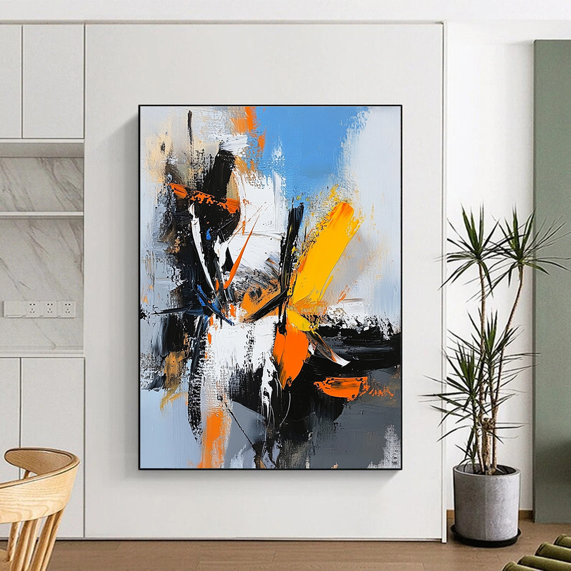 Black White Orange Abstract Painting with High Contrast GER408