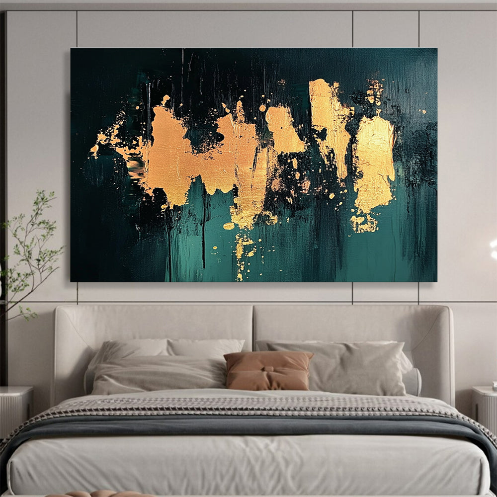 Gold Splash on Green Abstract Painting with Bold Textures DYP418