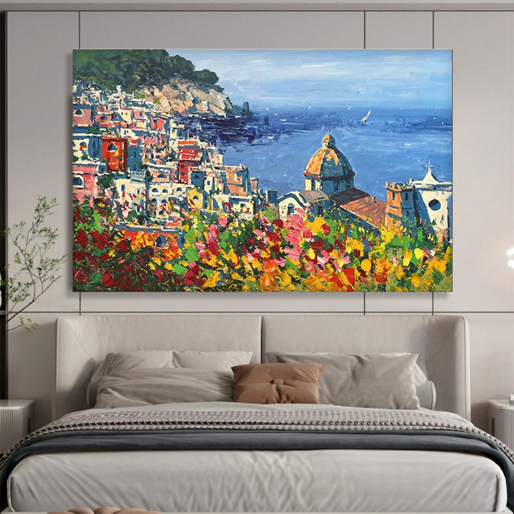 Coastal Town with Flowers Impressionist Painting THY457