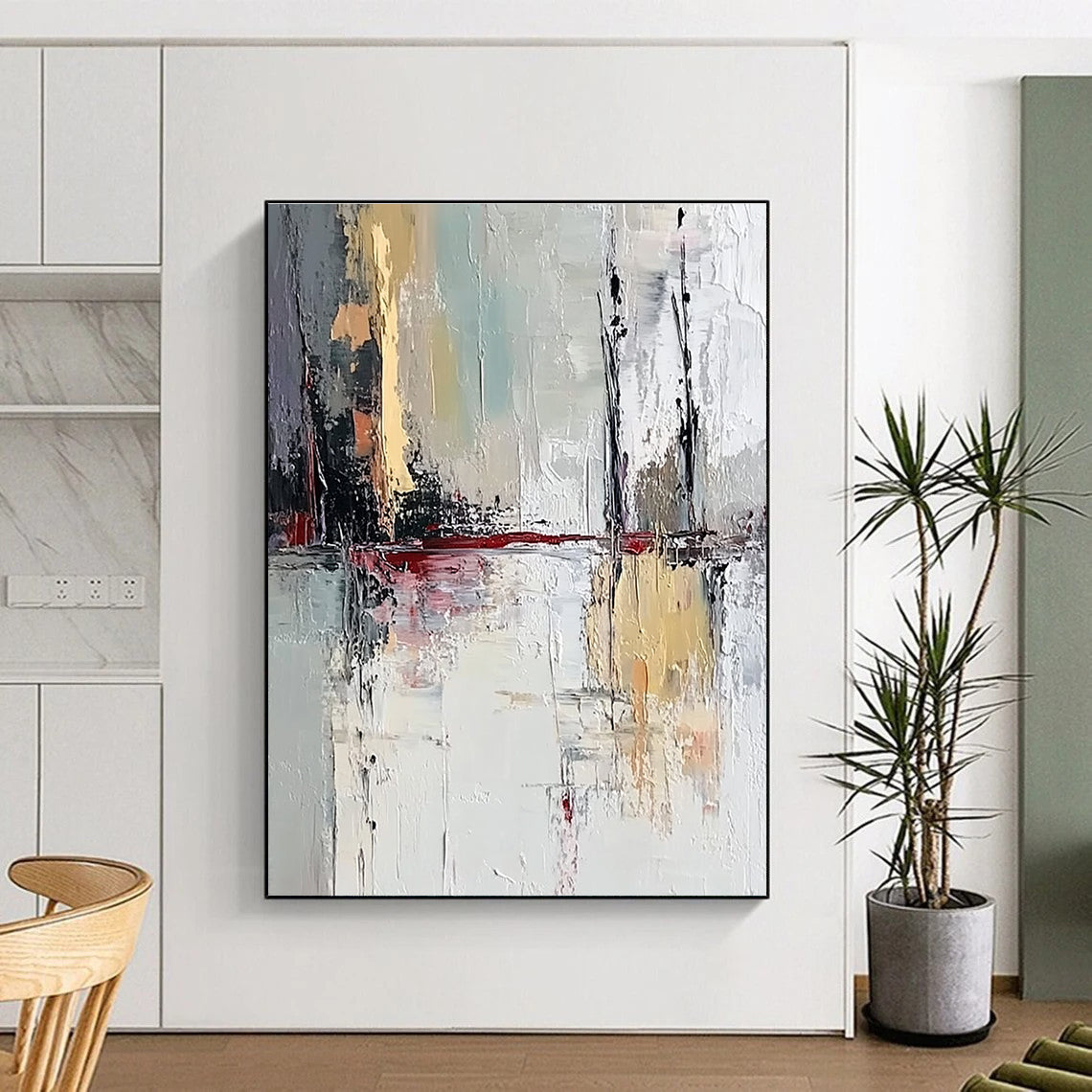 Large abstract painting featuring muted white and grey colors showcasing a lake reflection with thick brush strokes on textured canvas.STSC601