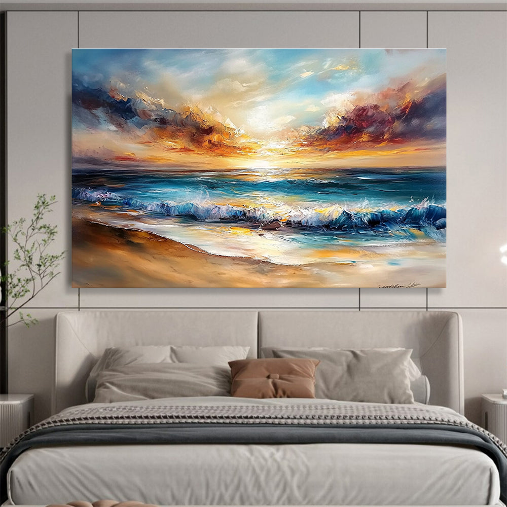Abstract oil painting of a tranquil beach scene featuring a sunset with golden sand and vibrant colors evoking serenity and calmness for home decor.SC417