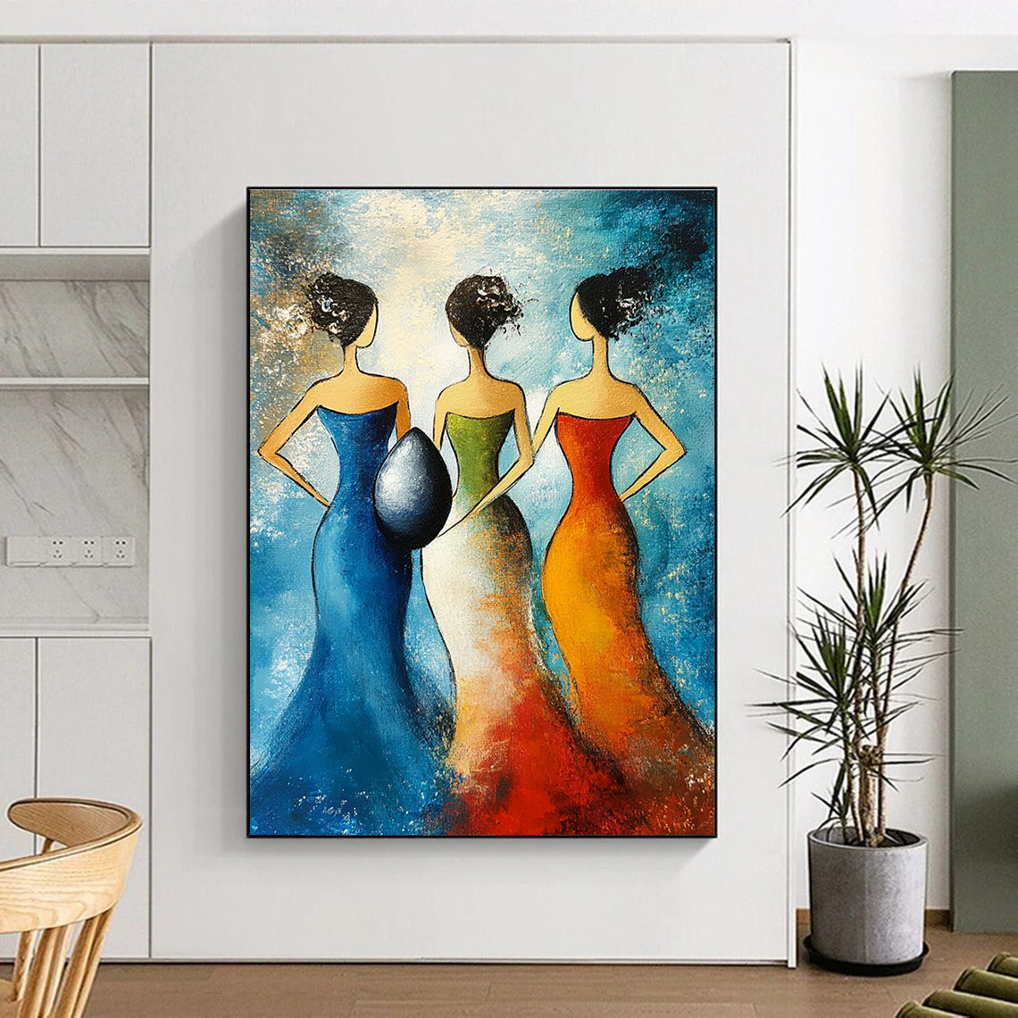 Abstract painting featuring three women in evening dresses holding a giant egg against a blue background with simple lines and minimal colors.STSC1444