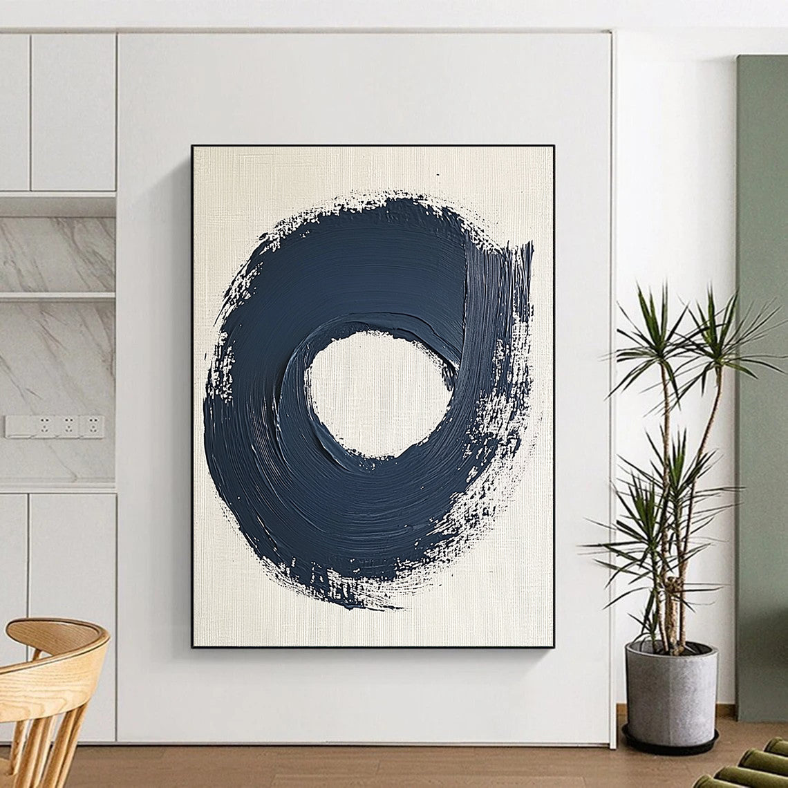 Navy Blue Circular Abstract Painting with Bold Strokes GER086