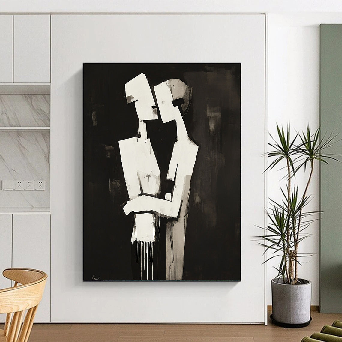 Abstract black and white painting of two figures embracing in a deconstructed minimalist style against a dark background.STSC024