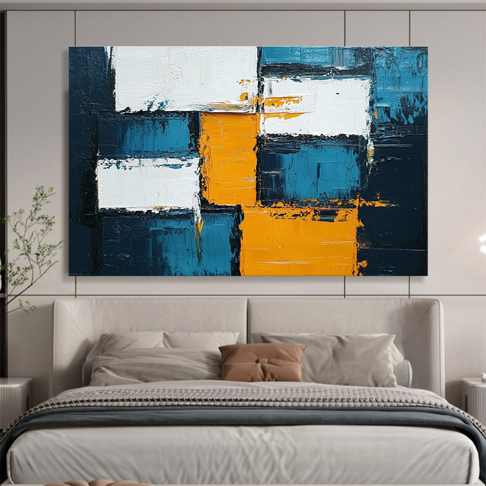 Large abstract painting featuring blue, white, and yellow squares with thick impasto texture, embodying bold expressionism for any modern space.SC122