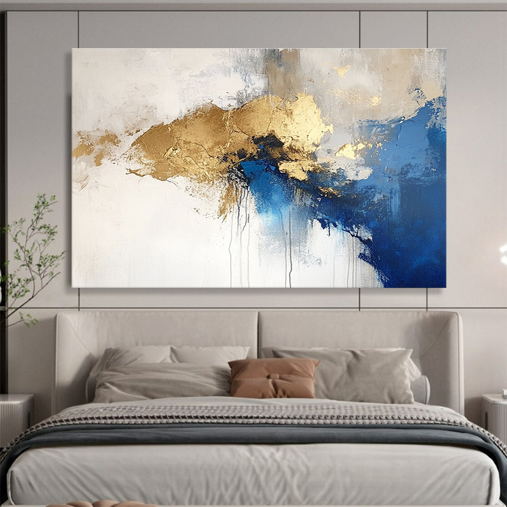 Blue Gold and White Abstract Painting with Fluid Shapes DYP183