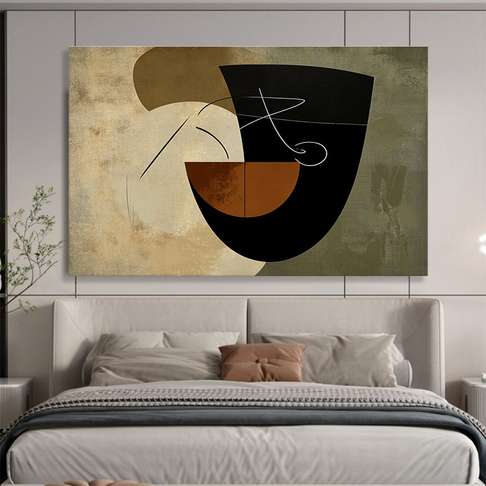 An abstract artwork featuring organic shapes in earthy tones with a stylized hand illustrating an 'S' on a textured bowl background.SC484