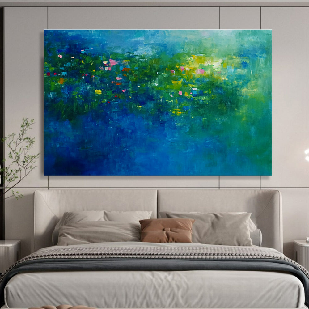An abstract painting of an underwater garden with vibrant blues and greens featuring aquatic plants and small fish creates serene nature's dance.SC339
