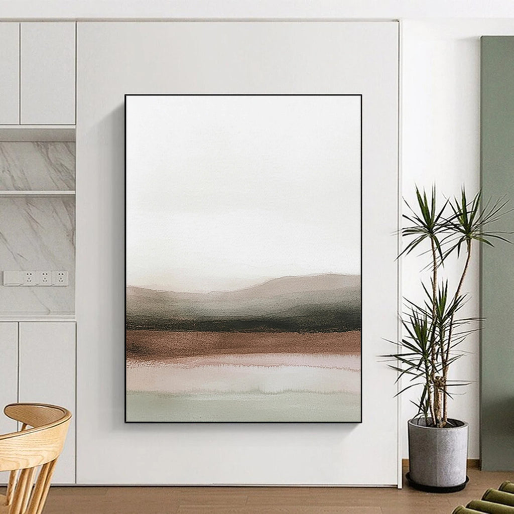 Abstract painting in pastel colors depicting a serene horizon with light gray skies and calm water, and brown desert landscapes blend.STSC1230