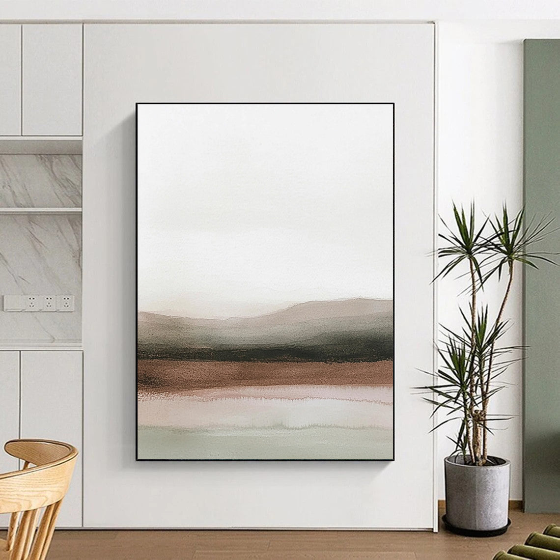Abstract painting in pastel colors depicting a serene horizon with light gray skies and calm water, and brown desert landscapes blend.STSC1230