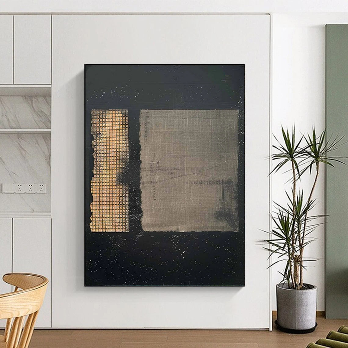 Black Abstract Painting with Dual Grid Patterns ADGE307