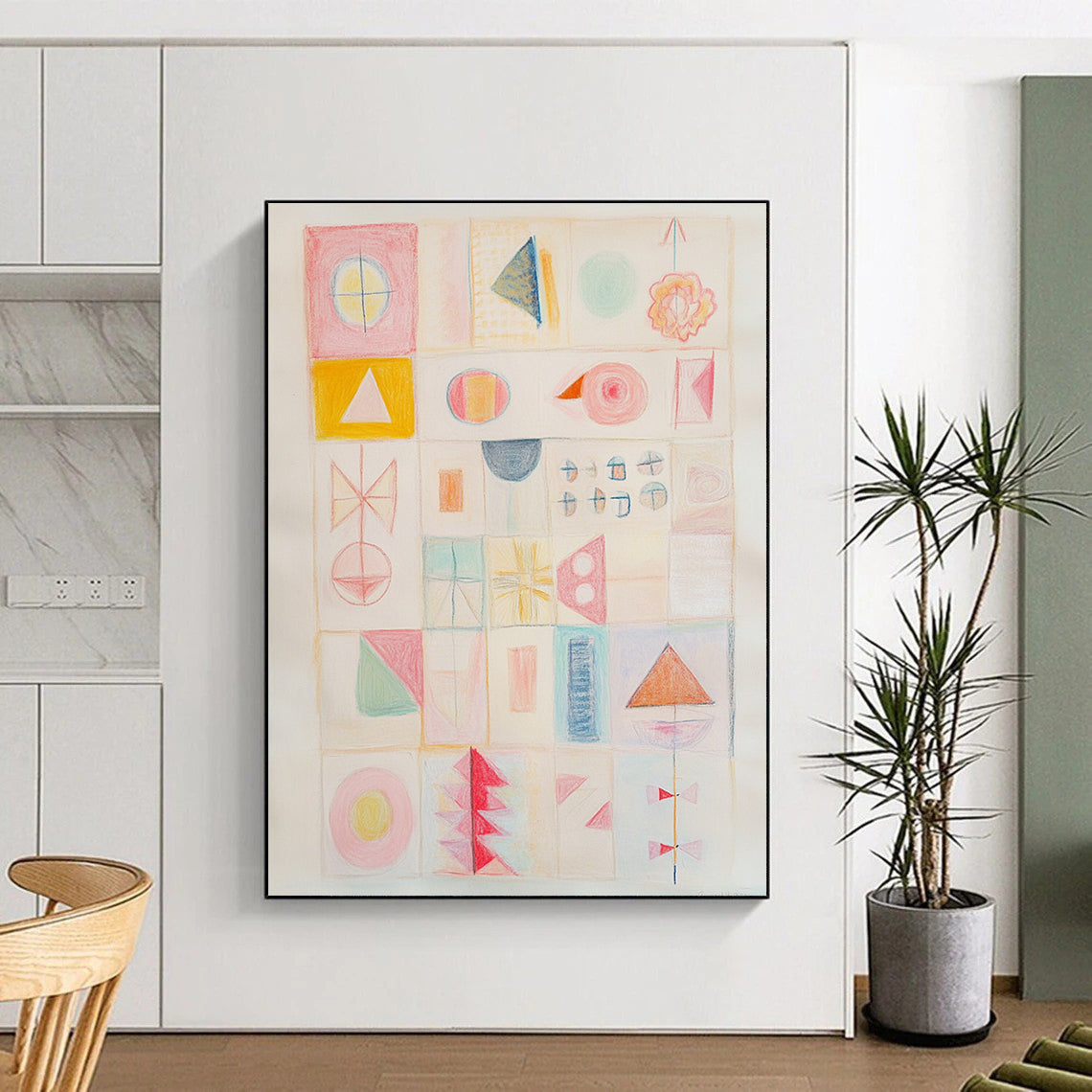 Large abstract painting in soft pastels featuring geometric shapes vibrant pink tones and lively details capturing strong contrasts and emotions on a white background.STSC985