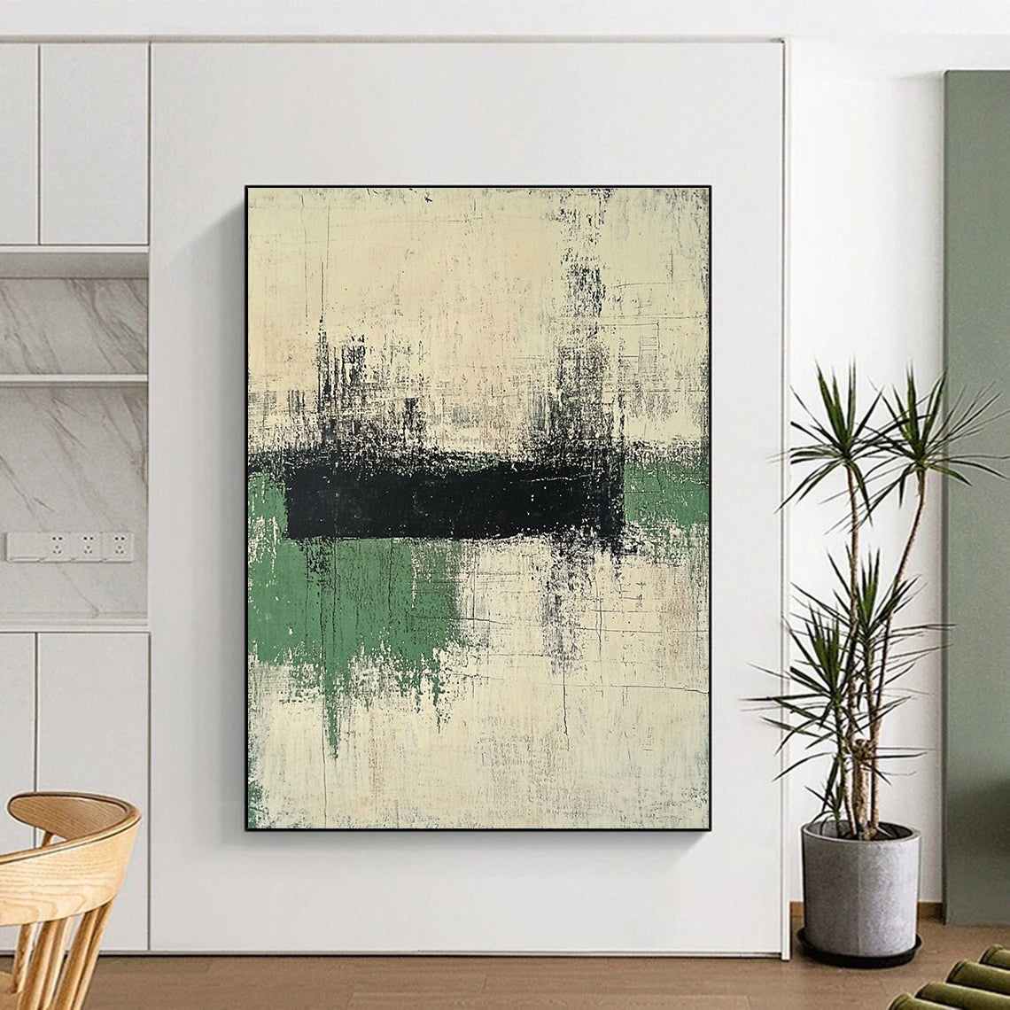Black and Green Abstract Painting with Textured Layers GER561