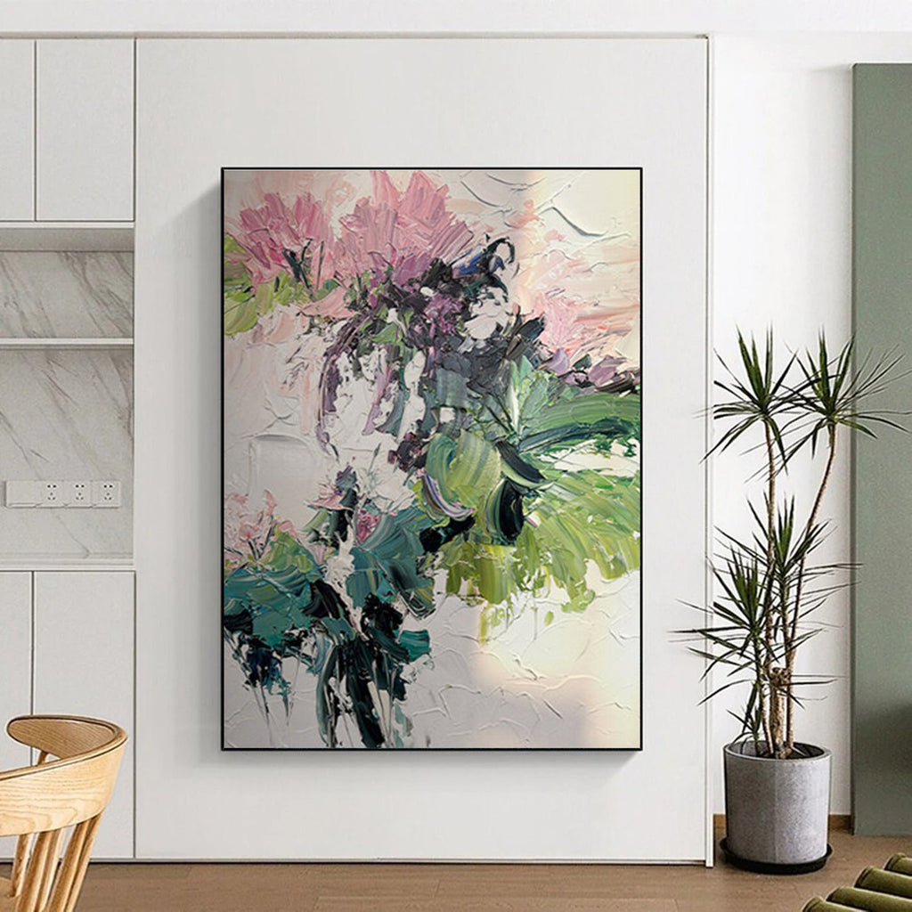 Pink Flower Abstract Oil Painting with Green Accents ADGE271