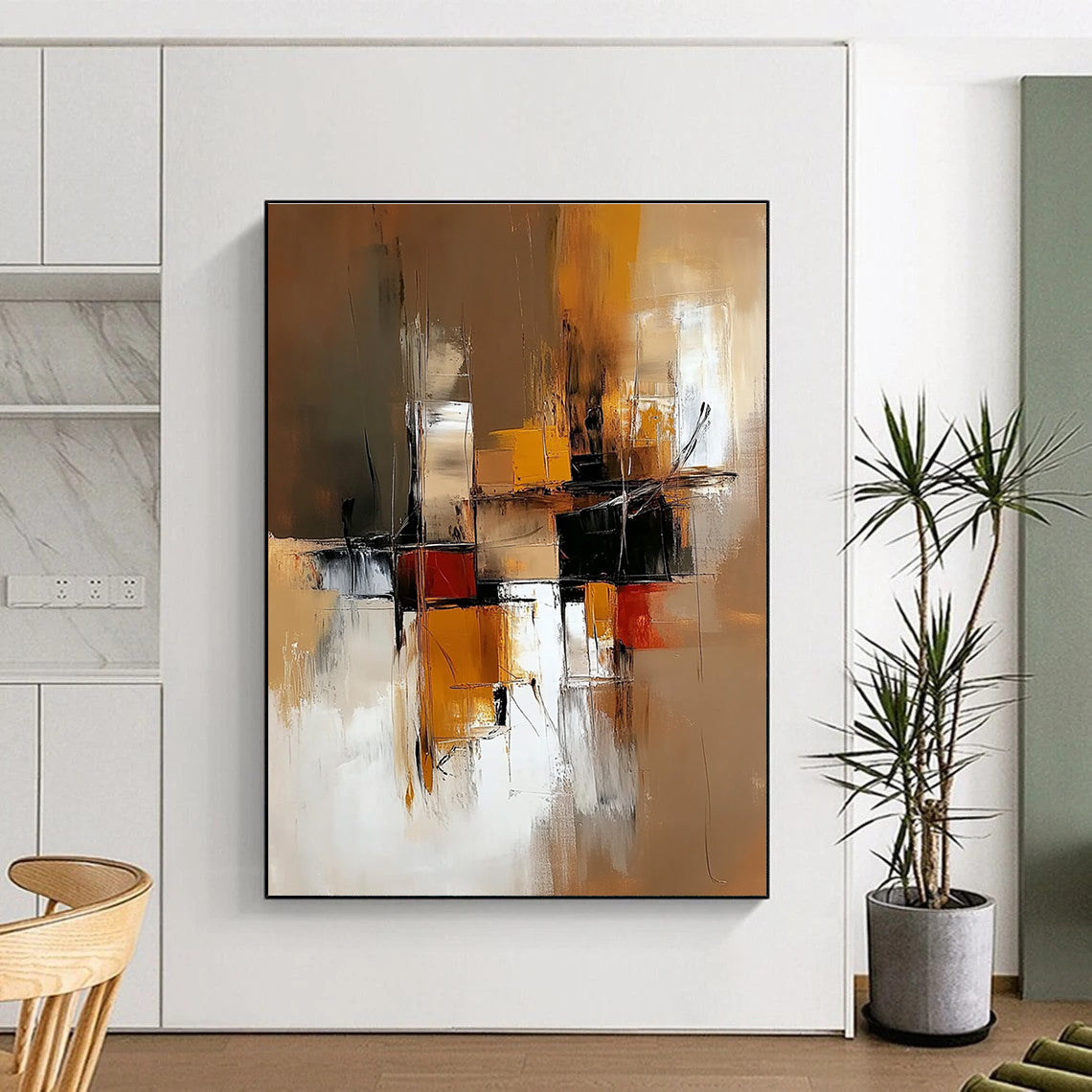 Abstract painting of an industrial space featuring warm brown and yellow tones with low contrast and clean brush strokes for a modern aesthetic.STSC648