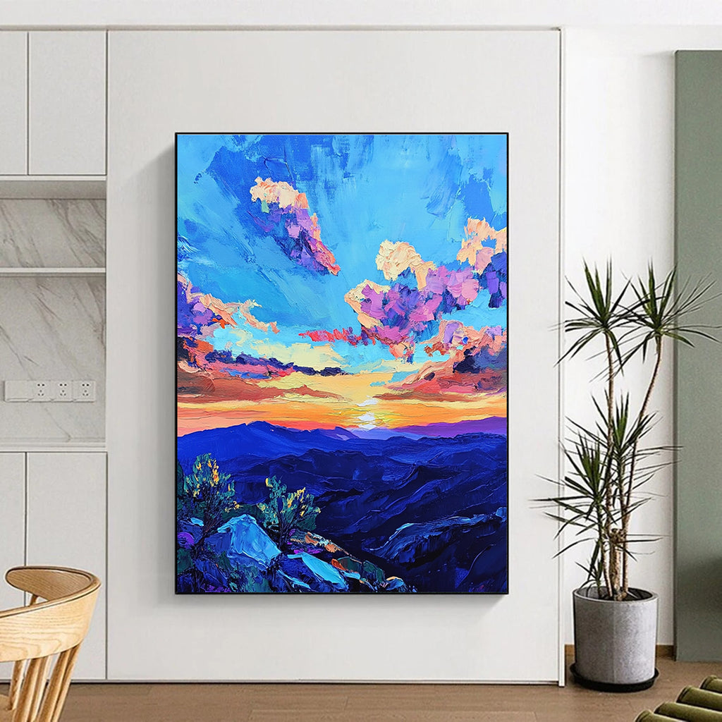 Large abstract painting of a vibrant sunset sky over rugged New Mexico mountains featuring bold colors and dramatic brush strokes inspired by Van Gogh.STSC1457