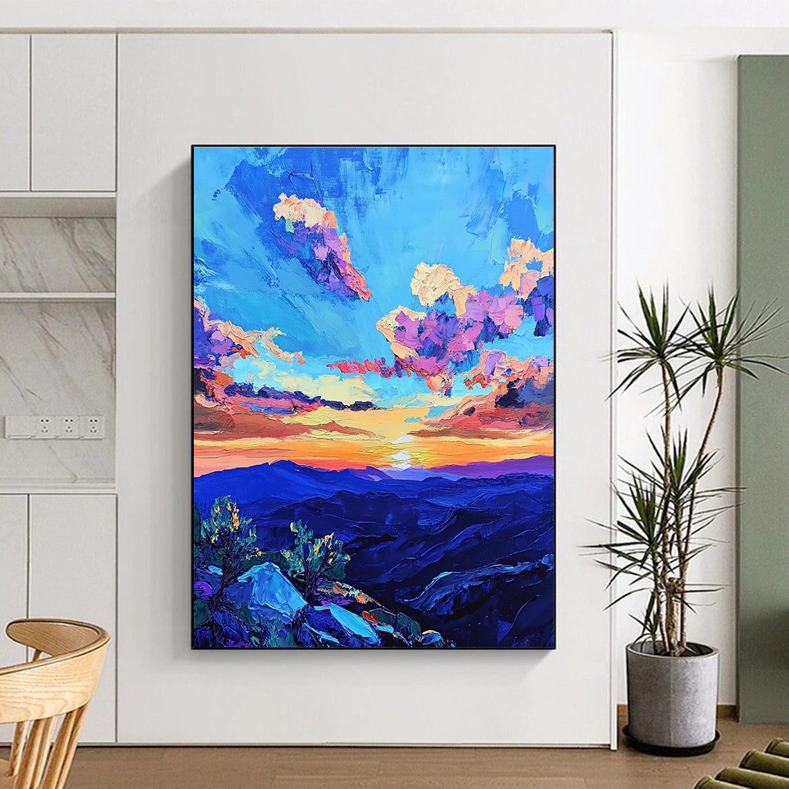 Large abstract painting of a vibrant sunset sky over rugged New Mexico mountains featuring bold colors and dramatic brush strokes inspired by Van Gogh.STSC1457