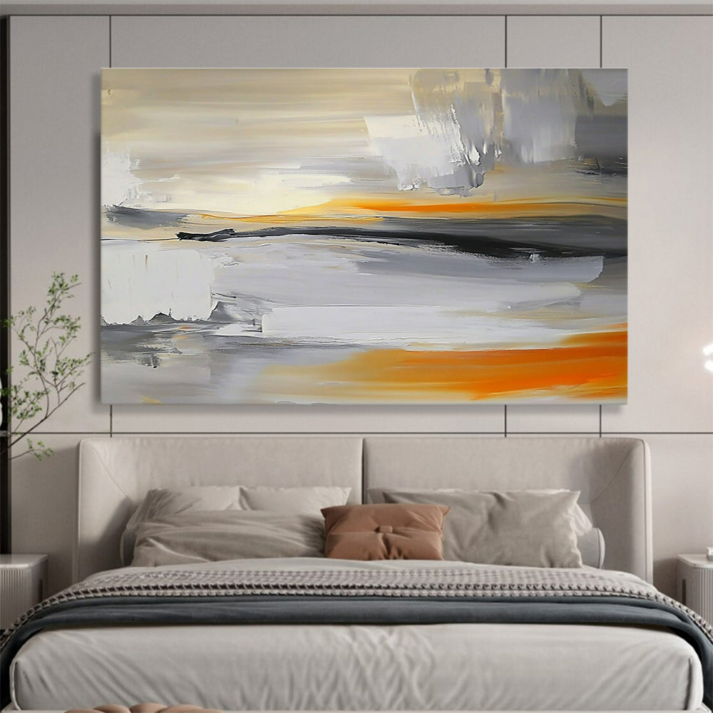 Large abstract painting featuring a grey, white, and orange sky with a blurred horizon and rocks below in a minimalist style.SC175