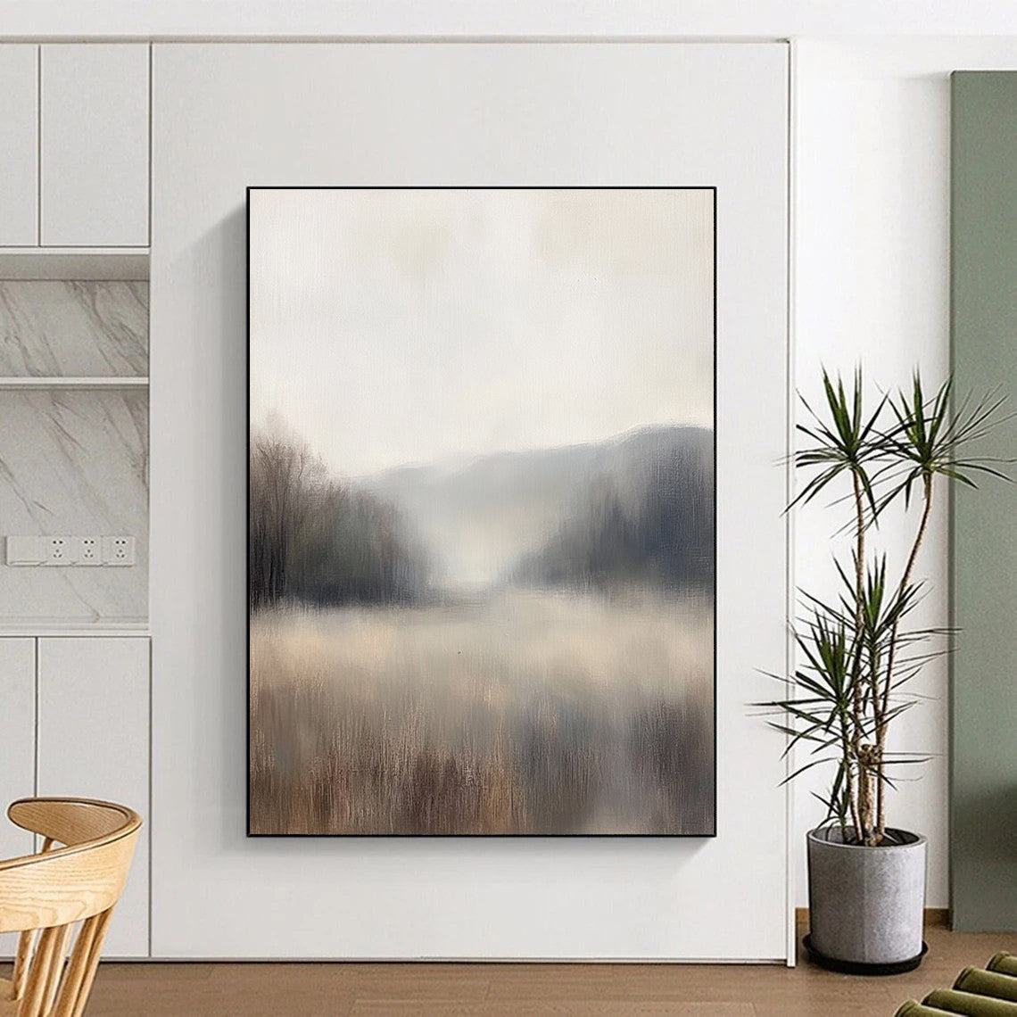 Large abstract painting of a misty landscape with muted neutral colors and soft focus that enhances a minimalist aesthetic.STSC869