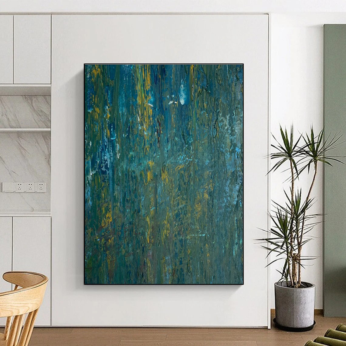 Teal - Yellow Textured Abstract Painting with Vertical Brushstrokes ADGE461