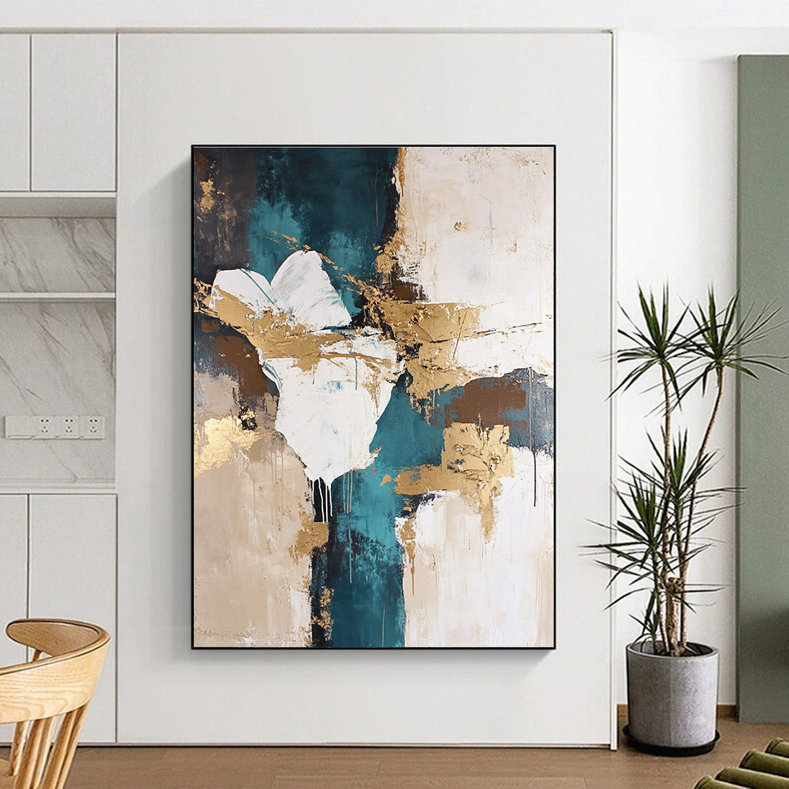 Teal and Gold Abstract Painting with Fluid Shapes GER447