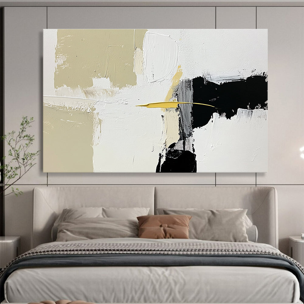 Large abstract painting featuring white beige and black shapes with brush strokes and a small yellow line on an off-white background.SC206