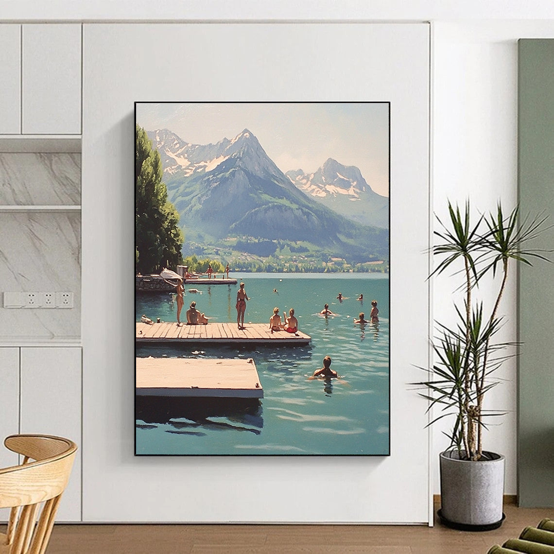 A large abstract painting depicting swimmers at Lake Annecy with majestic mountains creating a tranquil backdrop.STSC878
