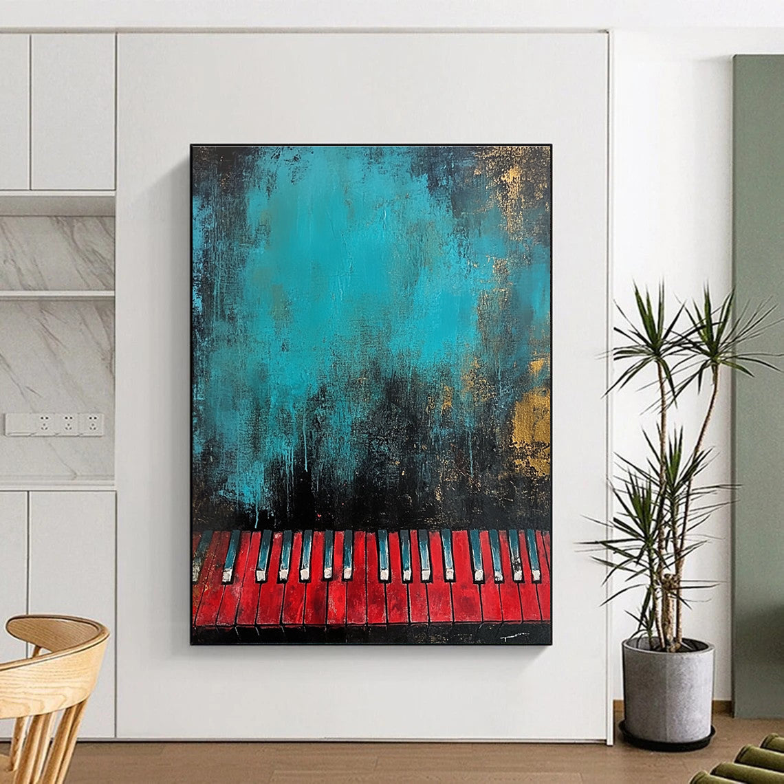 Large abstract painting in teal and black featuring textured red piano keys at the bottom for a striking visual impact.STSC230