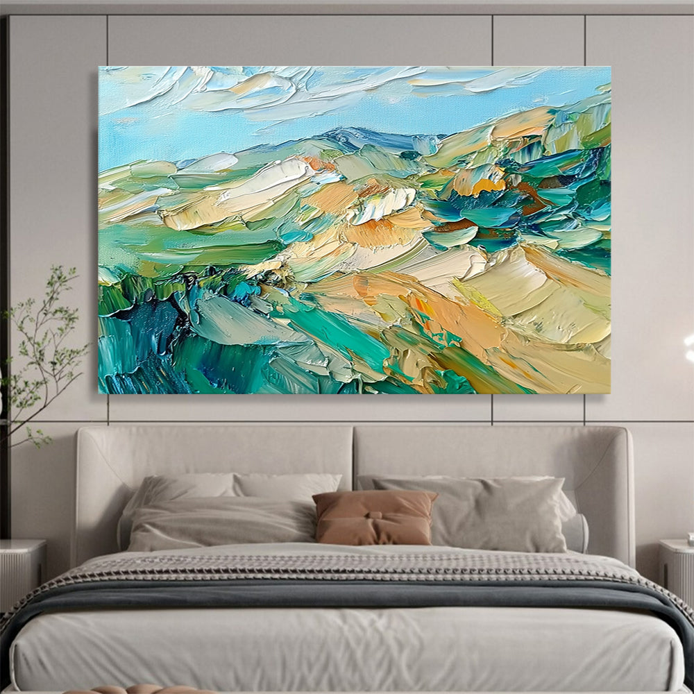 Textured Mountain Landscape Abstract Painting with Green Blue and Beige DYP287