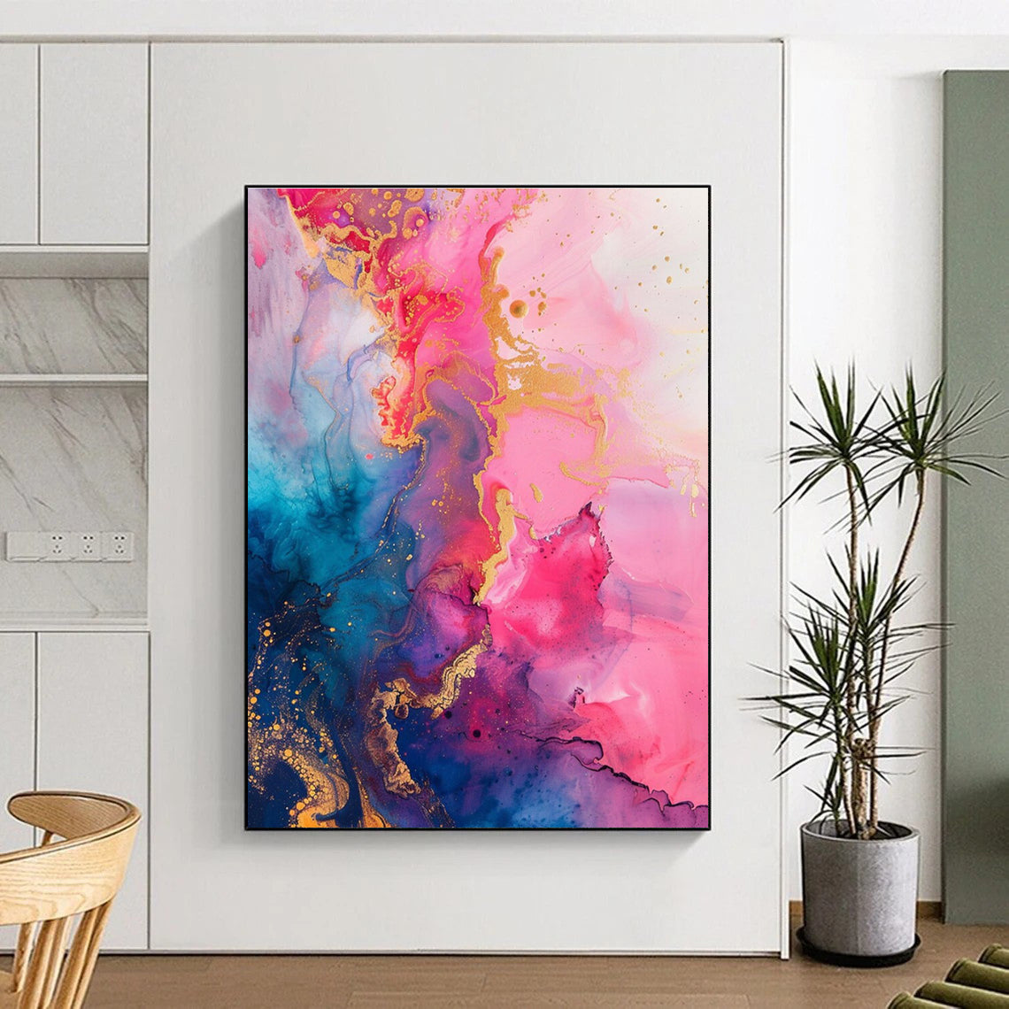 Pink Blue and Gold Fluid Abstract Painting ADGE286
