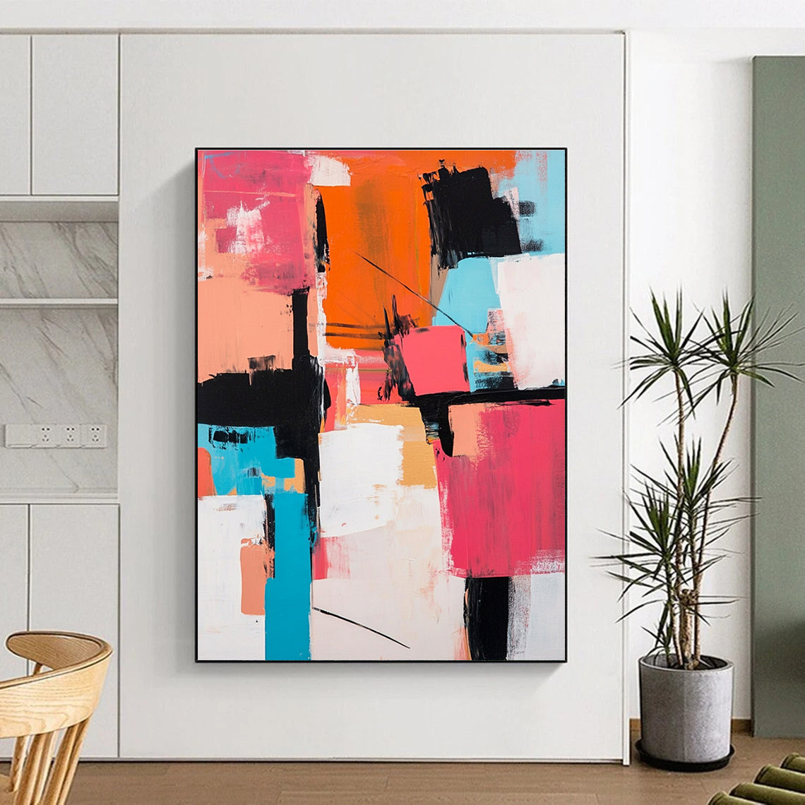 Pink Orange Abstract Painting with Geometric Forms GER714