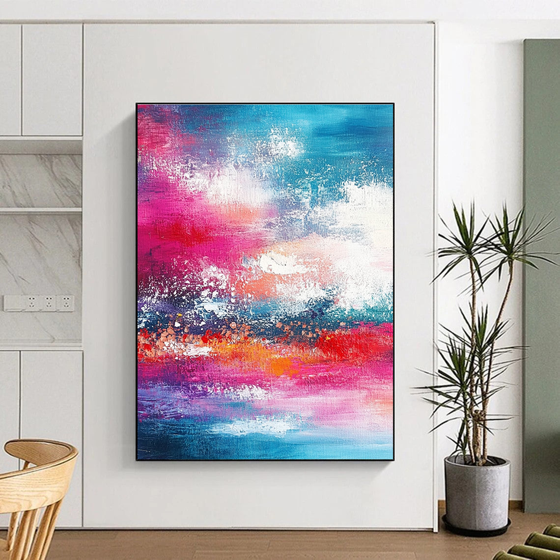 Large abstract painting featuring shades of red pink and teal with bold brush strokes of sky and sea in the background.STSC116