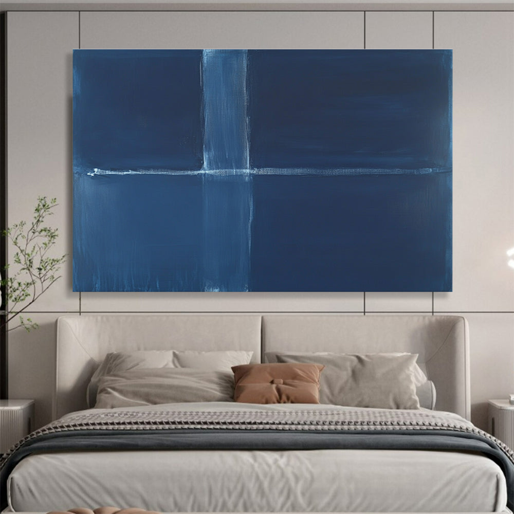 A large abstract painting featuring a deep blue background with a thin straight line and a thick wavy line in the center.SC515