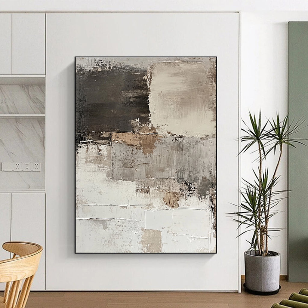 Large abstract painting of a peeling white wall in brown and gray tones showcasing thick brush strokes for a minimalist aesthetic.STSC268
