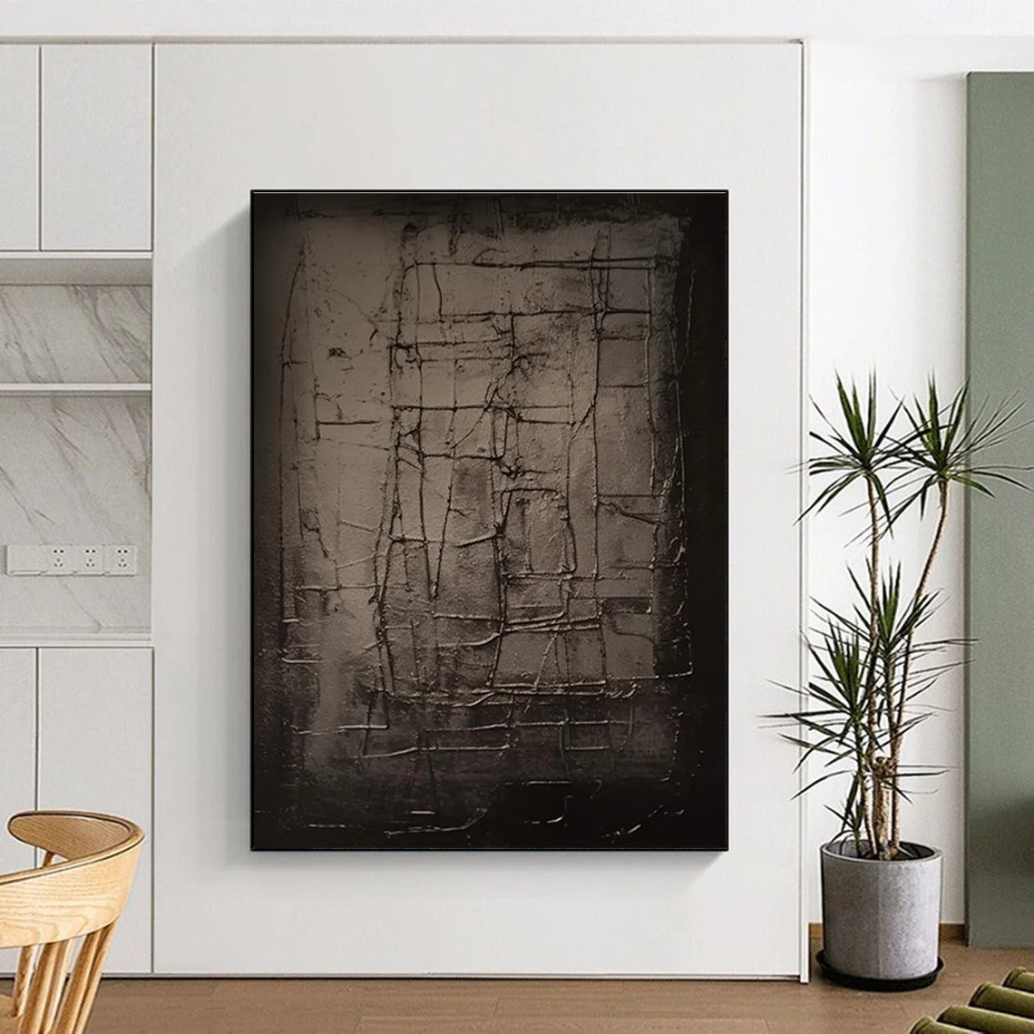 Dark Grid - Textured Abstract Painting with Subtle Tones ADGE450
