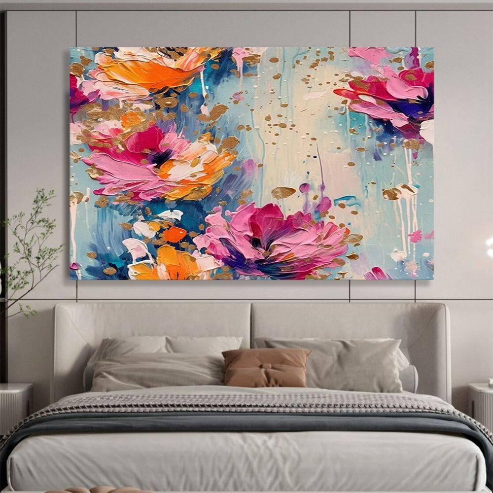 Gold - Accented Floral Abstract Painting with Pink, Orange, and Blue Hues THY305