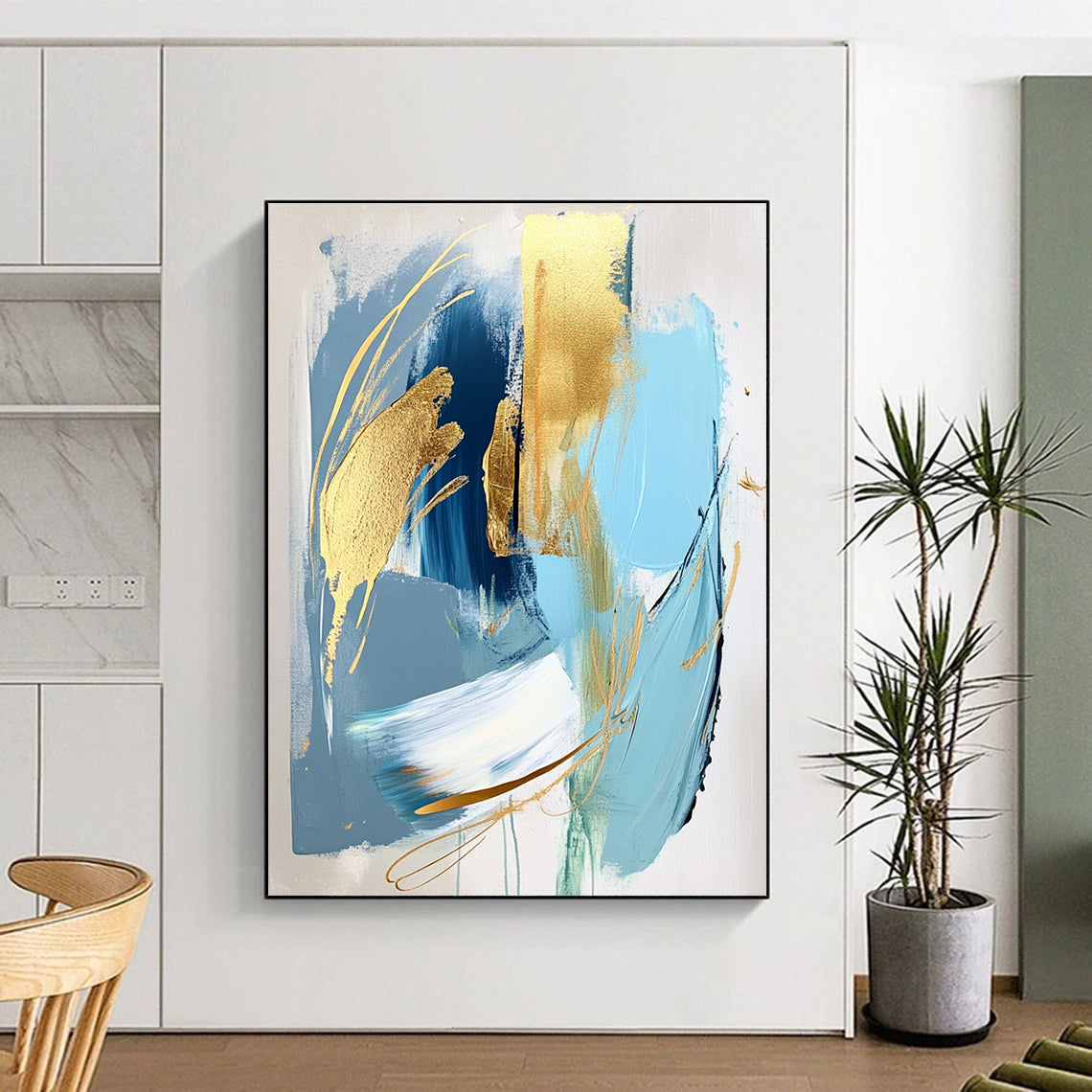 Blue Gold Abstract Painting with Elegant Accents GER713