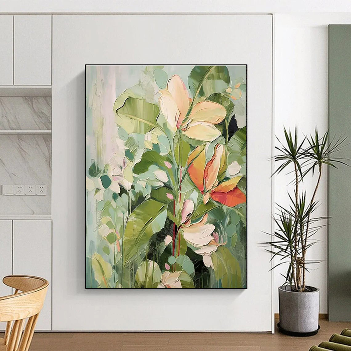 Green and Beige Tropical Flowers Abstract Painting ADGE083